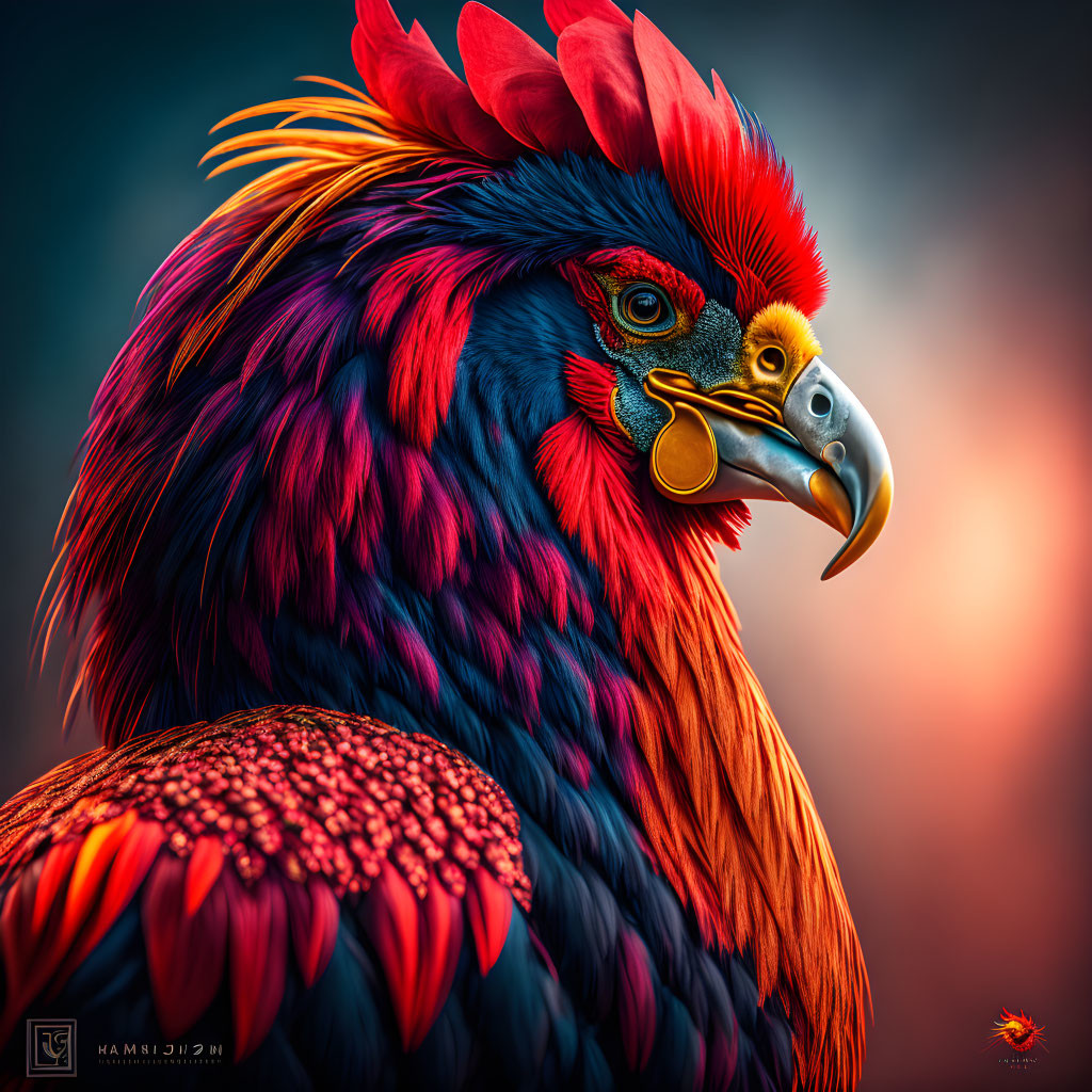 Colorful Rooster Artwork with Detailed Plumage in Red, Purple, and Blue