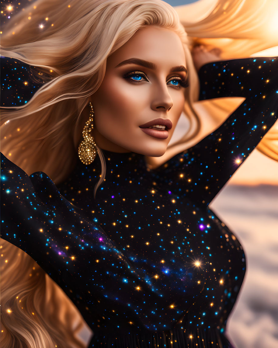 Digital artwork: Woman with golden hair, blue eyes, black starry dress under sunset sky