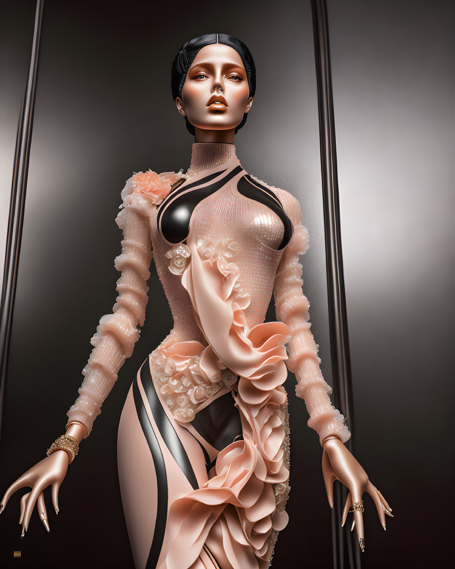 Mannequin in Peach Floral Gown with Black Hair