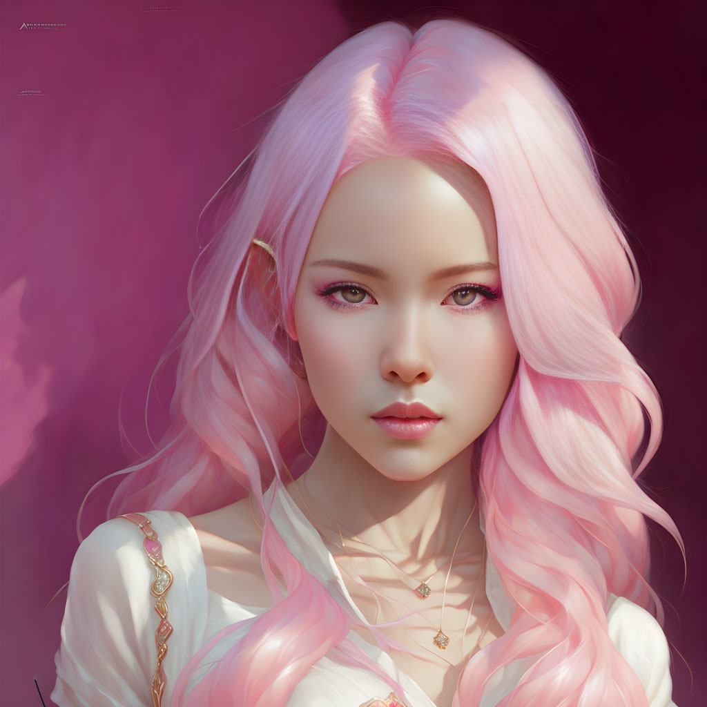 Detailed digital art: female with pink hair, fair skin, pink eyes, soft pink background