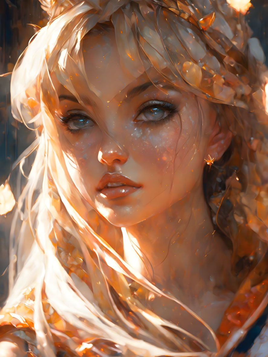 Portrait of Woman with Light Hair and Intense Eyes Amid Golden Leaves