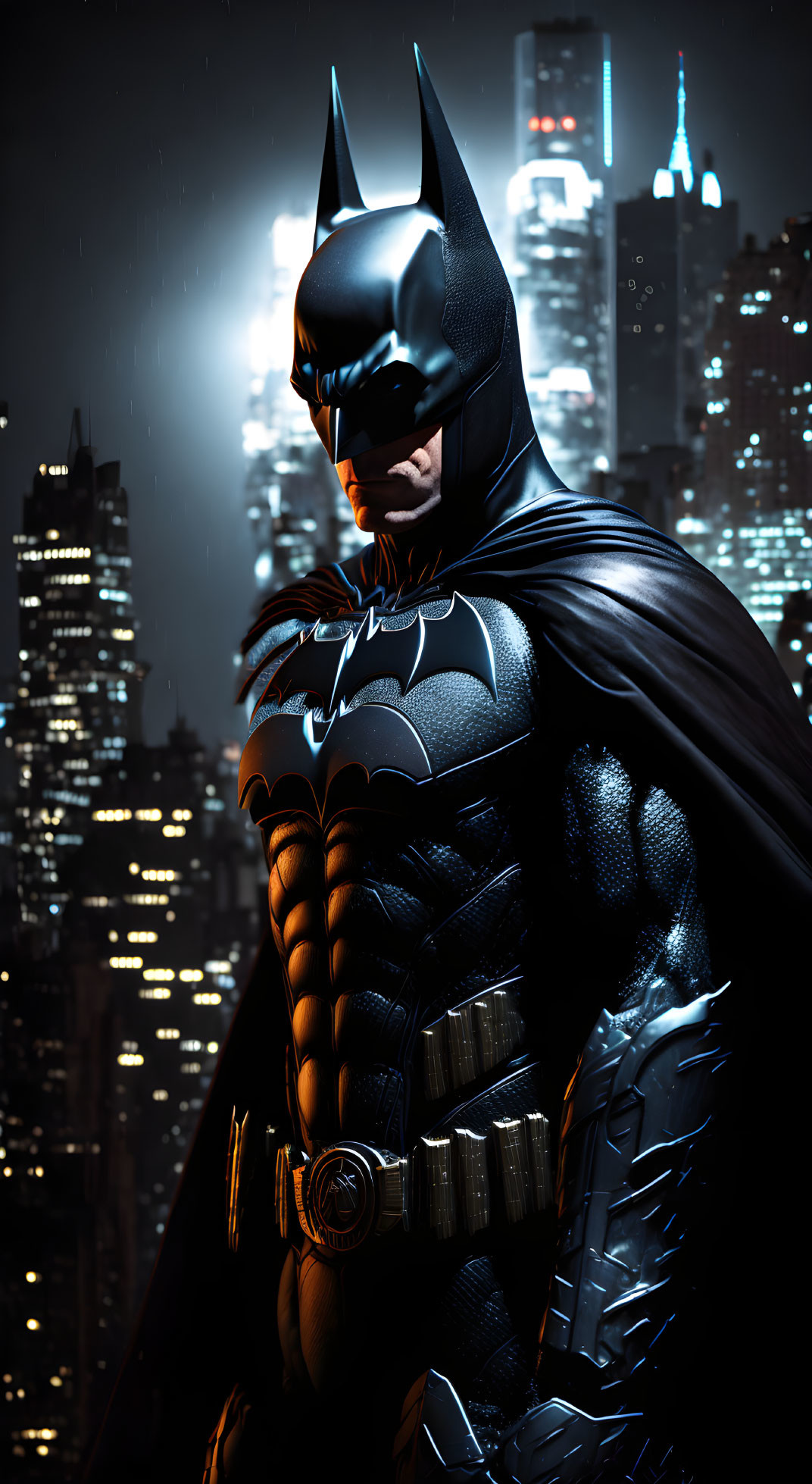 Detailed Batman costume against night city skyline.