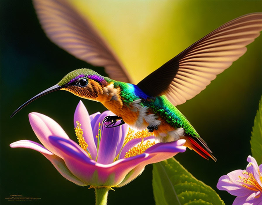 Iridescent hummingbird feeding on pink flower in green background