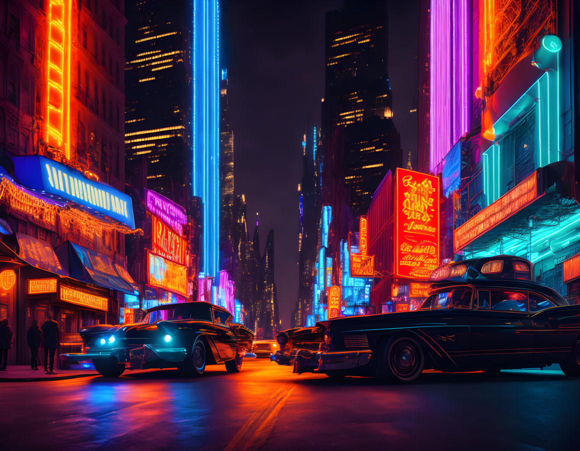 Vibrant neon-lit cityscape with vintage cars and pedestrians