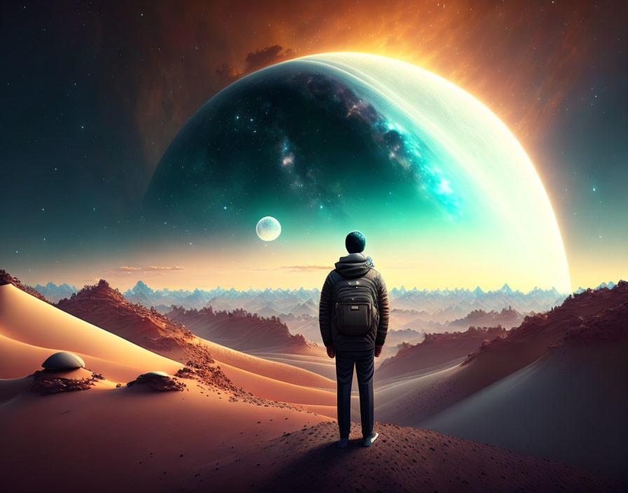 Person standing on sandy dunes watches oversized planet above mountainous horizon