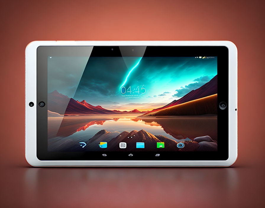 White Tablet Computer with Landscape Wallpaper on Screen Against Orange Background