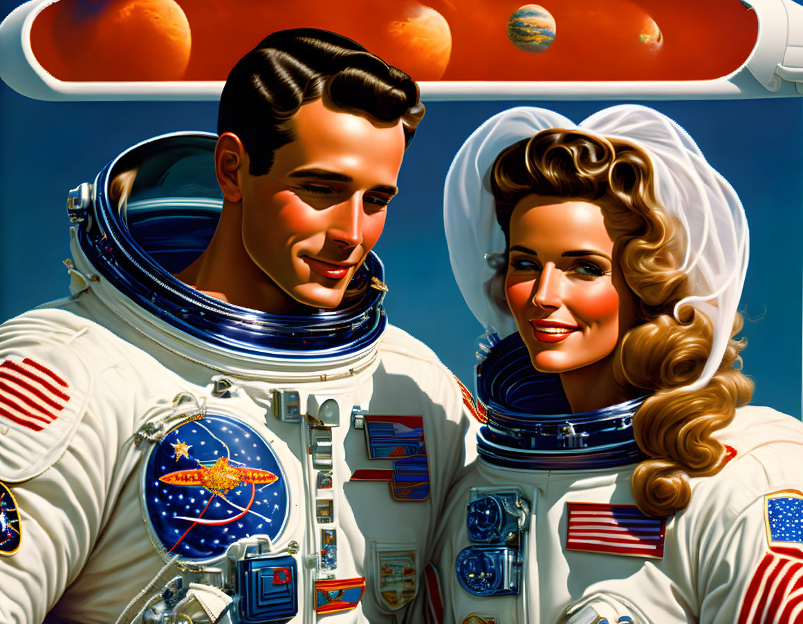 Smiling astronauts in retro-futuristic spacesuits with American flag patches, spaceship and planets in background