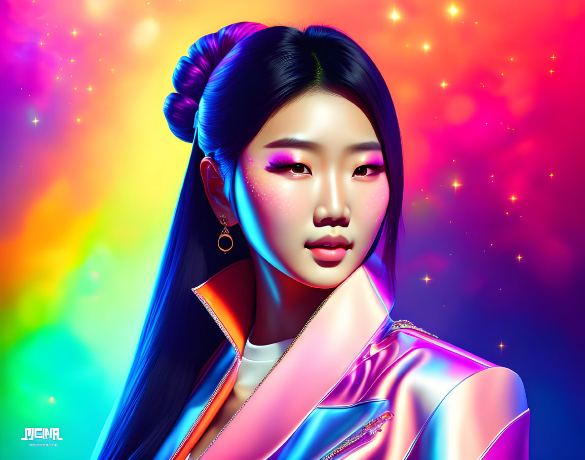 Colorful Asian woman portrait in glossy jacket on neon rainbow background