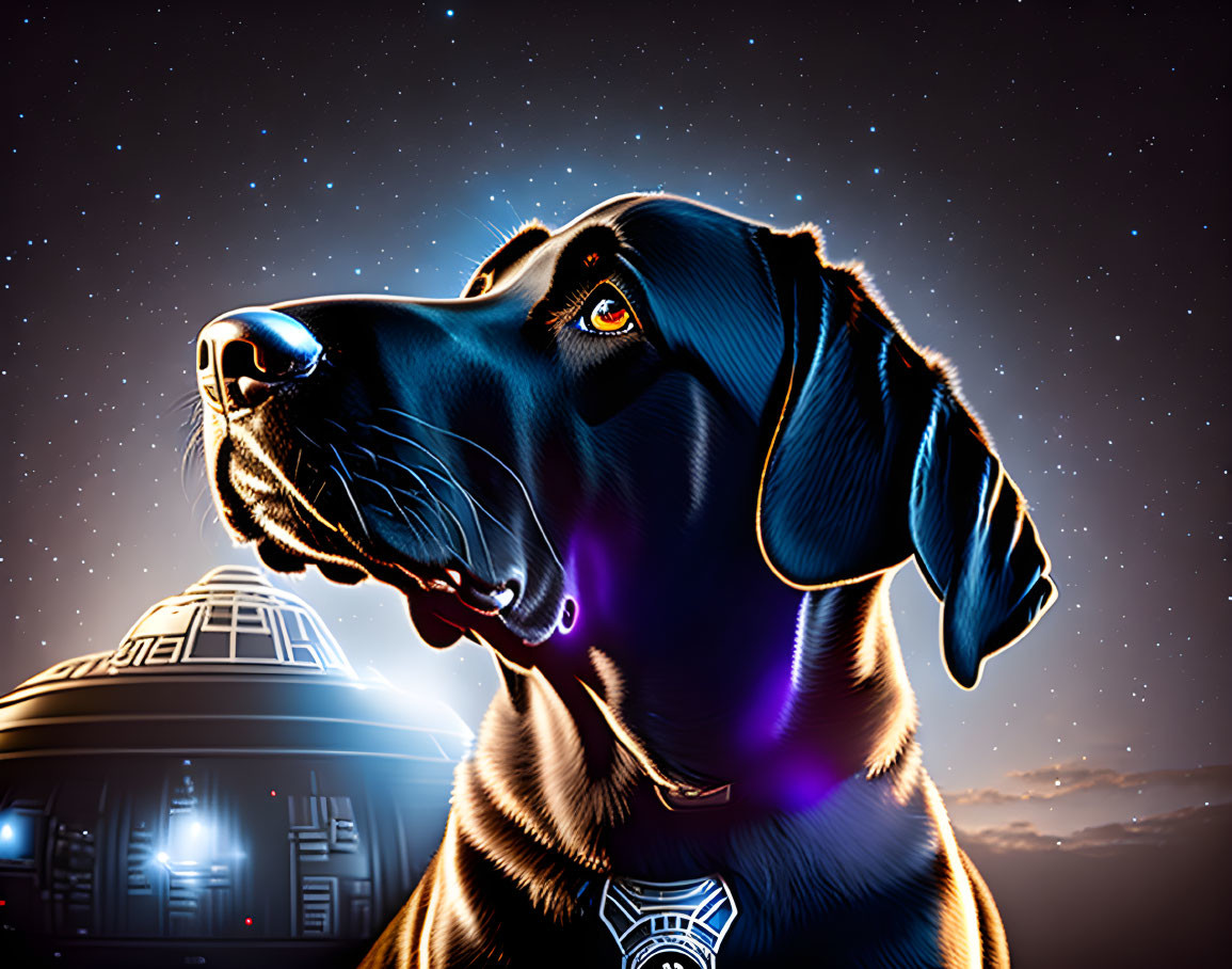 Digital artwork: Black Labrador with glowing eyes and collar in futuristic starry sky.