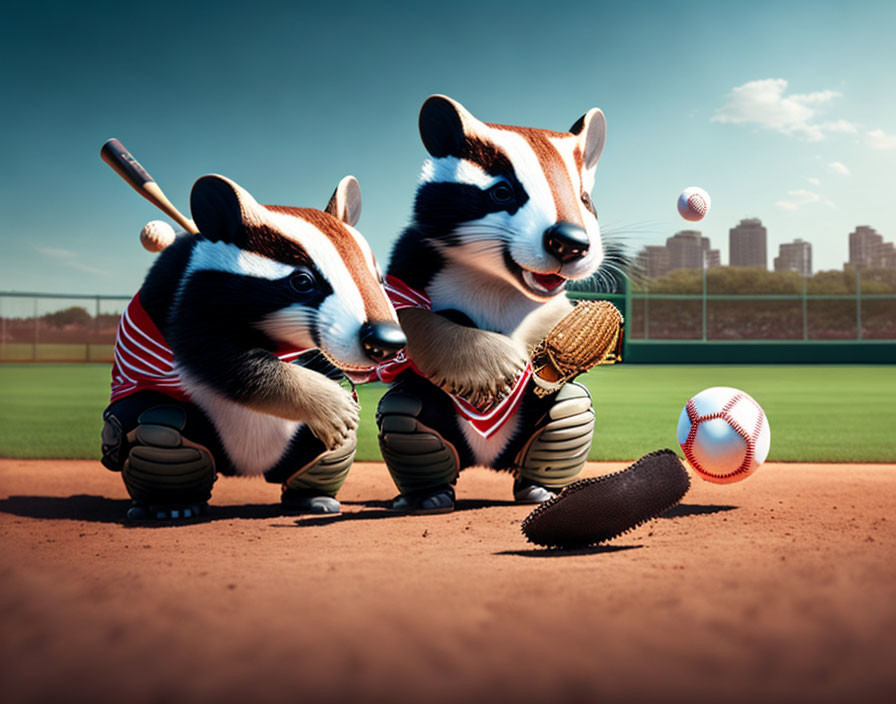 Animated badgers playing catch on sunny baseball field with urban skyline.