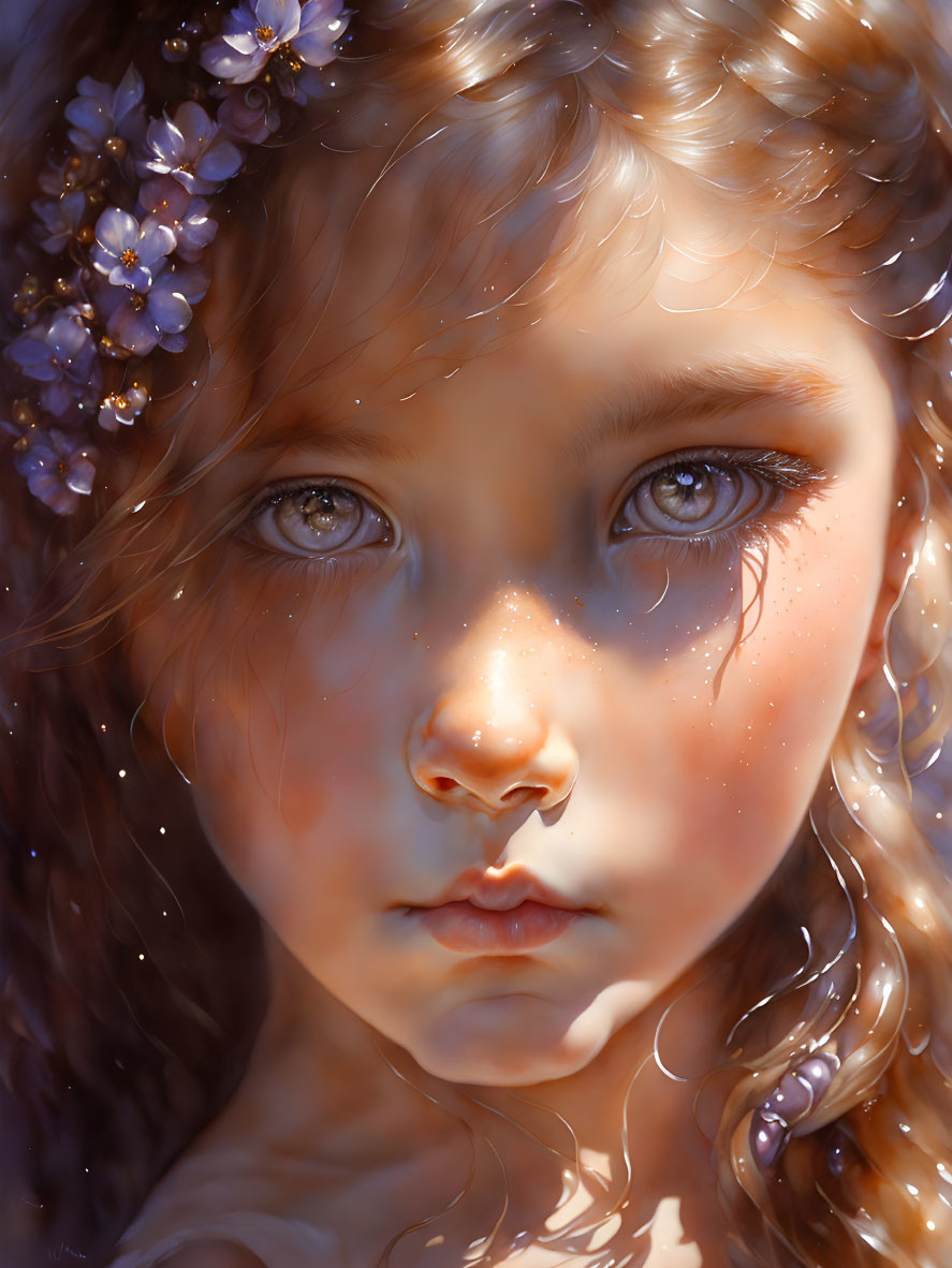 Young girl portrait with brown eyes, purple flowers in hair, sunlit with freckled cheeks