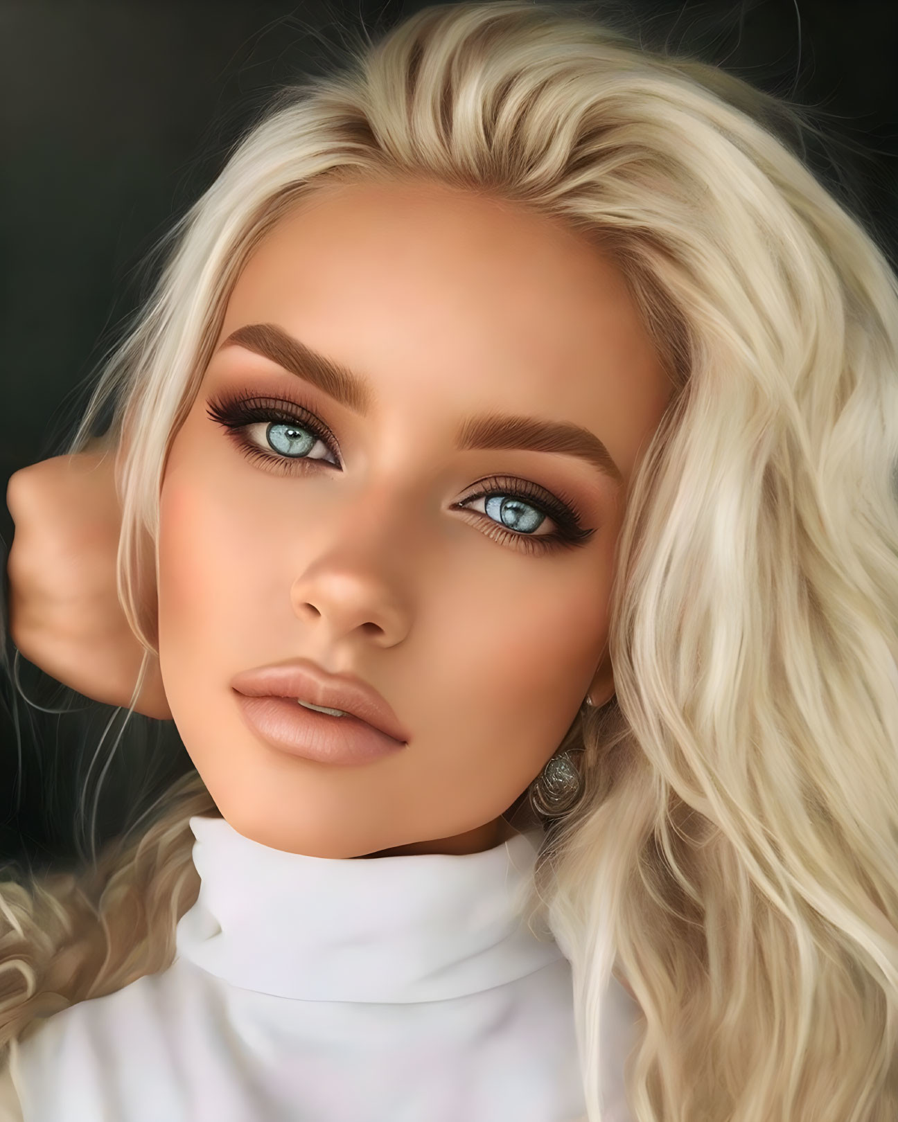 Blonde Woman with Blue Eyes in White Turtleneck