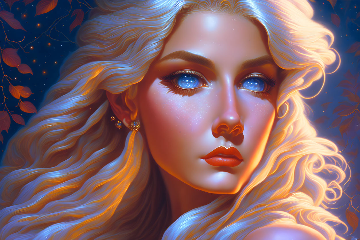 Blond woman with blue eyes in night sky and autumn leaves