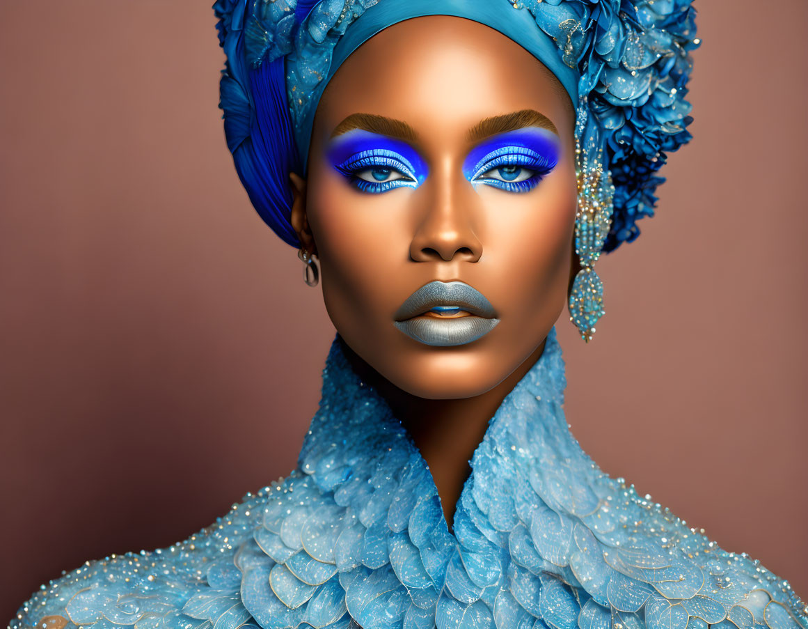 Vibrant blue eyeshadow woman portrait with blue headwrap on bronze backdrop