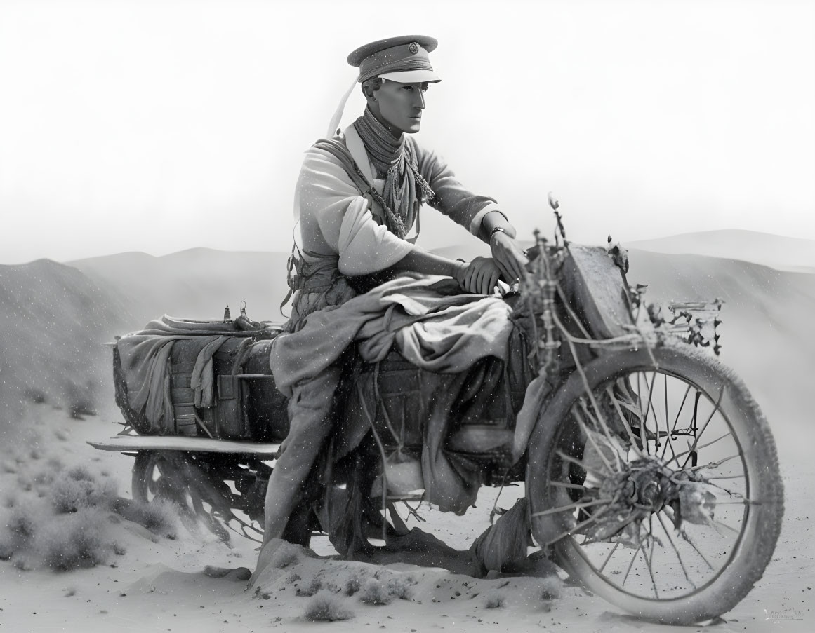 Vintage-clad man on old motorcycle in foggy desert landscape