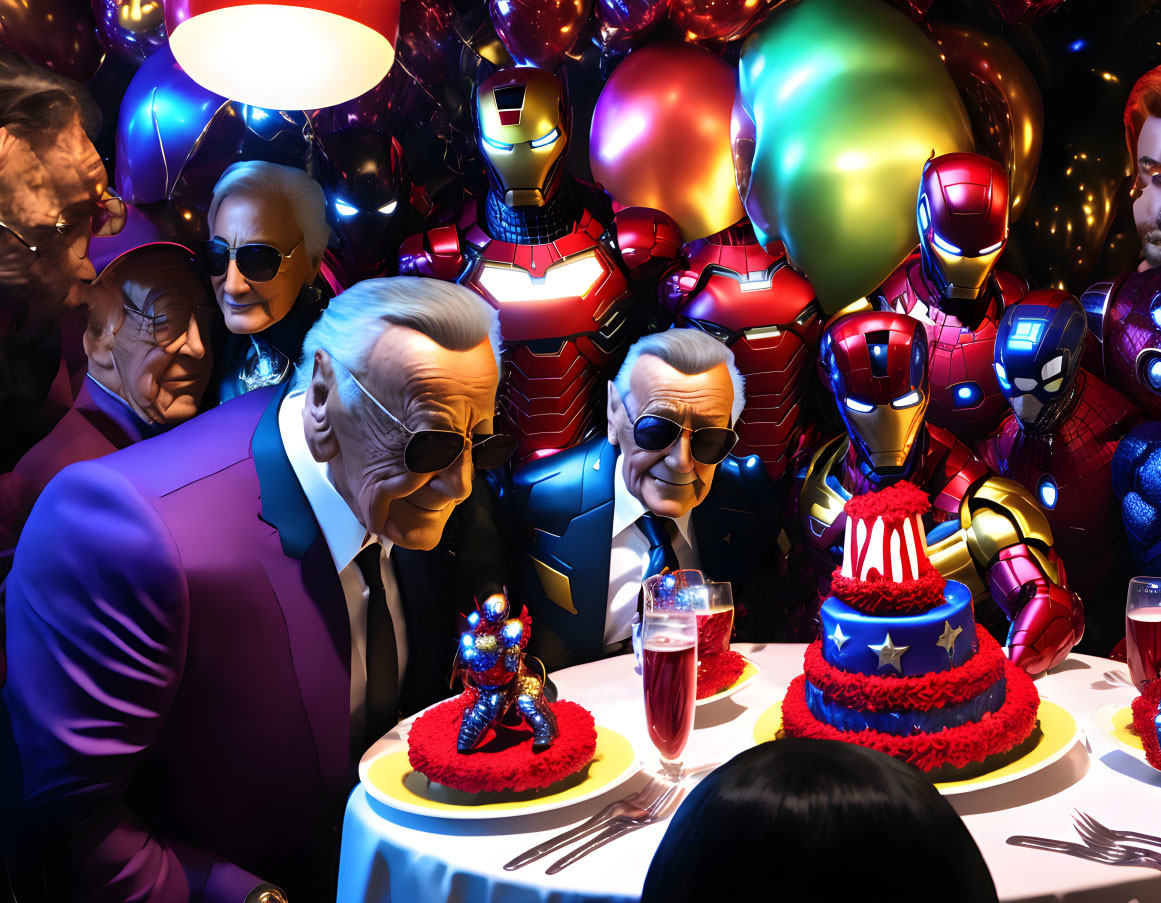 Colorful Balloons, Iron Man Cakes, and Comic Book Characters in Vibrant Scene