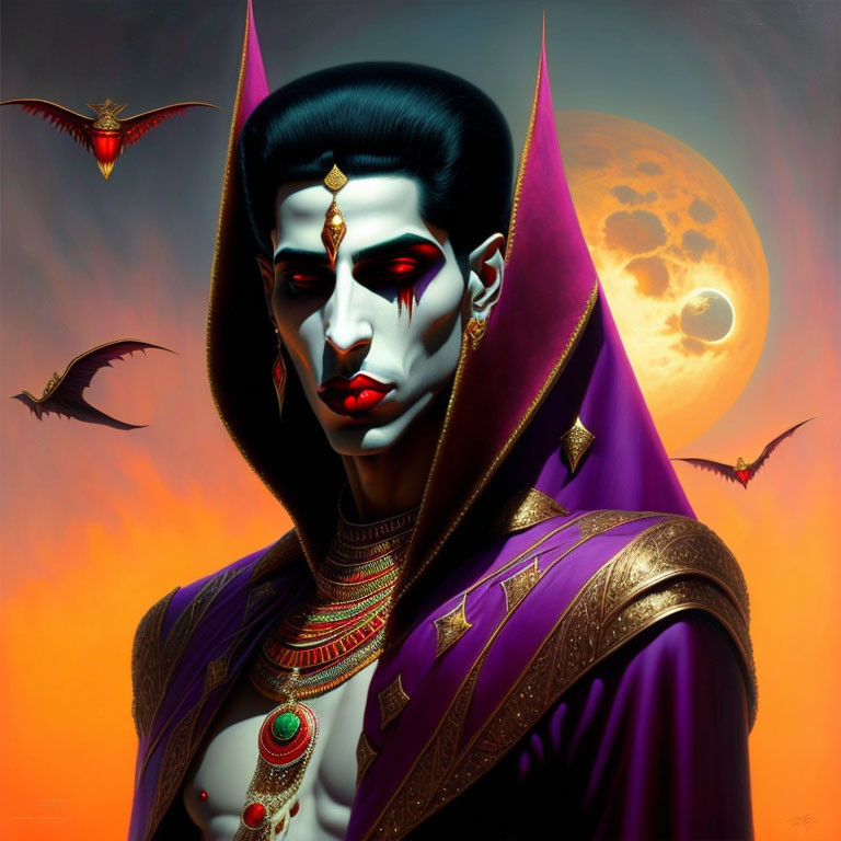 Pale-skinned vampire in purple and gold robes with red eyes, bats, and full moon.