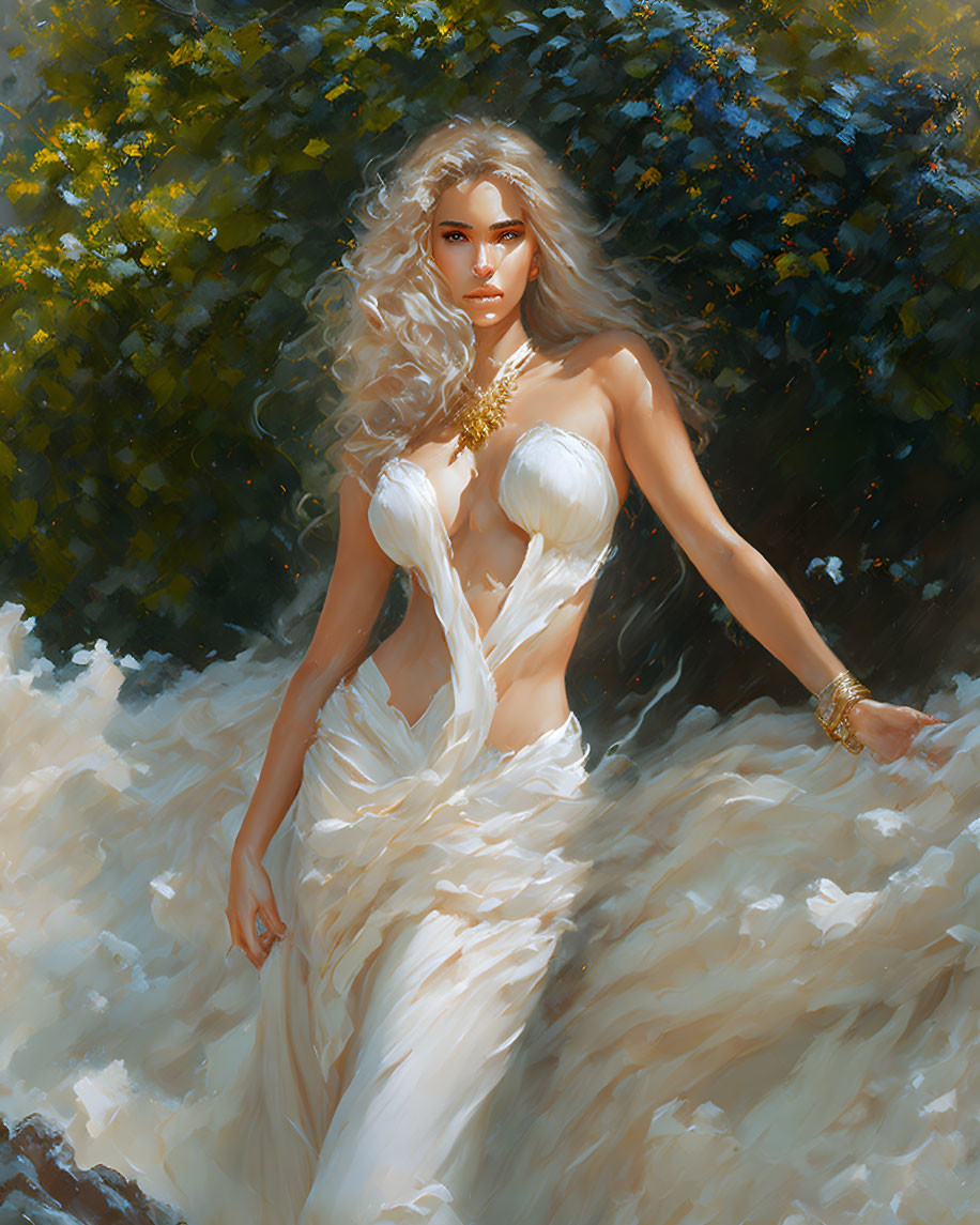 Ethereal woman in flowing white attire amidst swirling mist