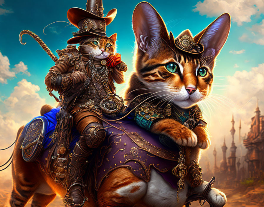 Stylized image: Two cats in medieval costumes on fantasy backdrop