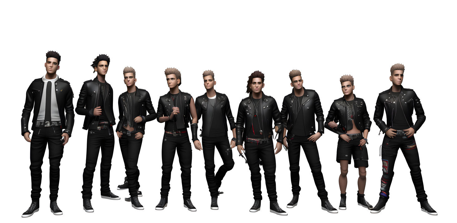 Ten male characters in black leather jackets with different hairstyles and styles against white backdrop