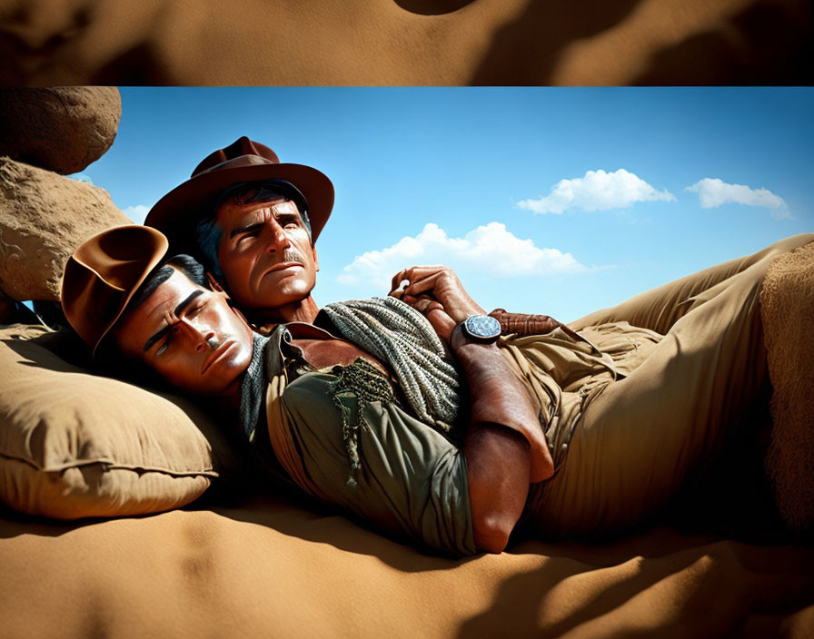 Two people in adventure attire resting on desert sand under a clear blue sky