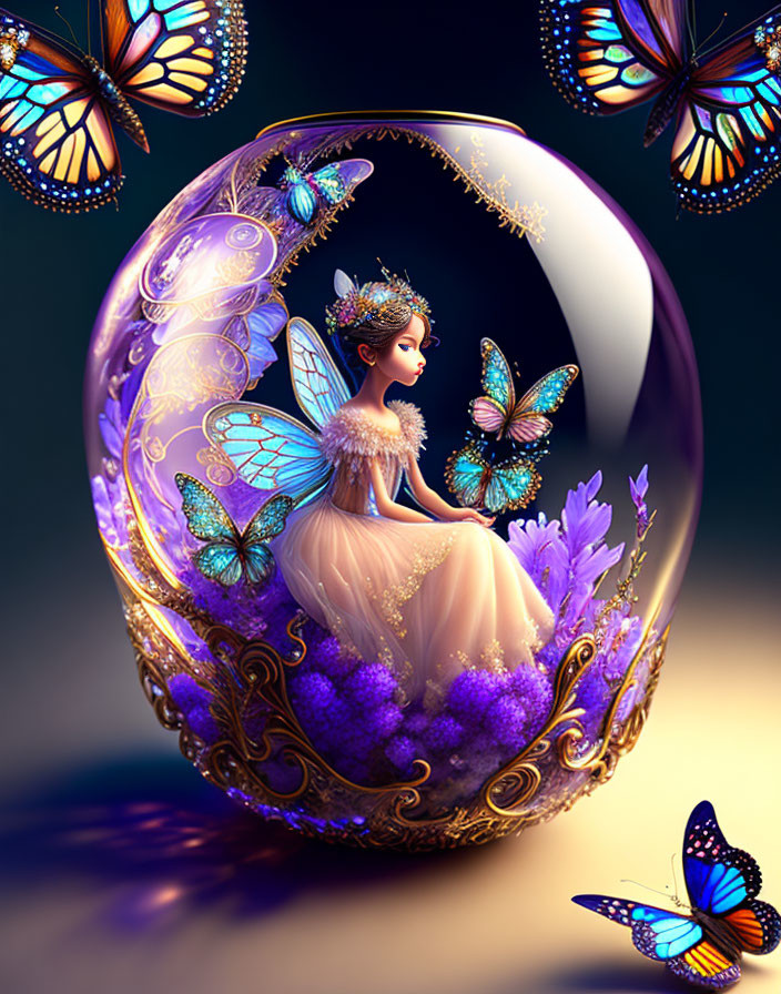 Enchanting fairy inside ornate egg with butterflies and flowers