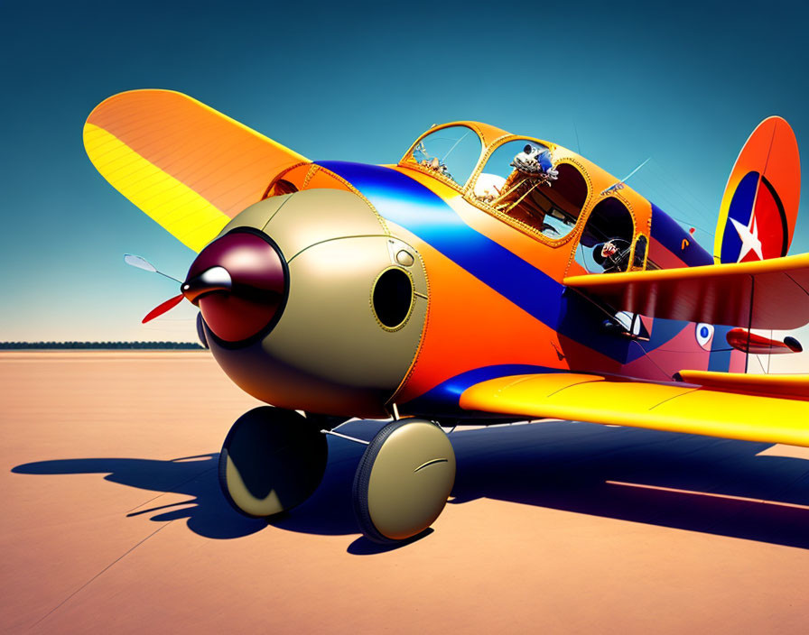 Colorful Cartoon-Style Airplane with Propeller and Eyes on Runway