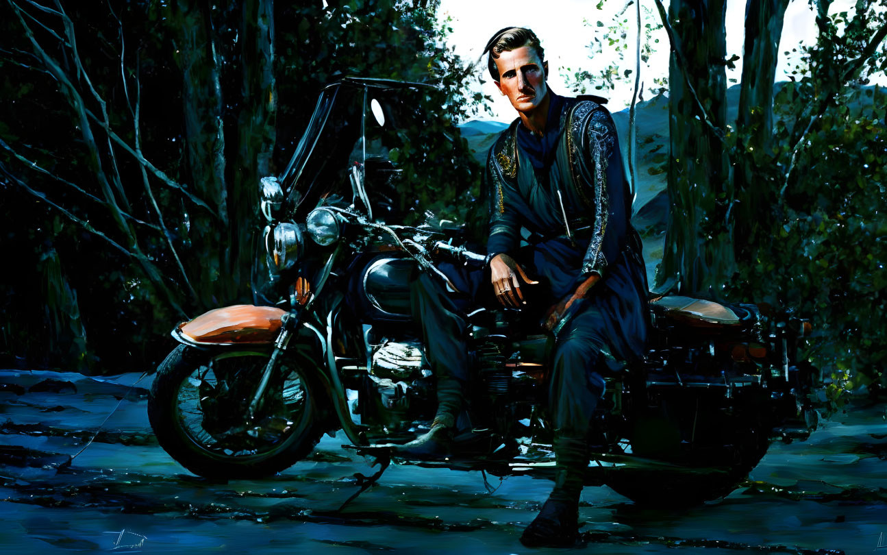 Man in leather jacket on classic motorcycle in forest with dramatic lighting