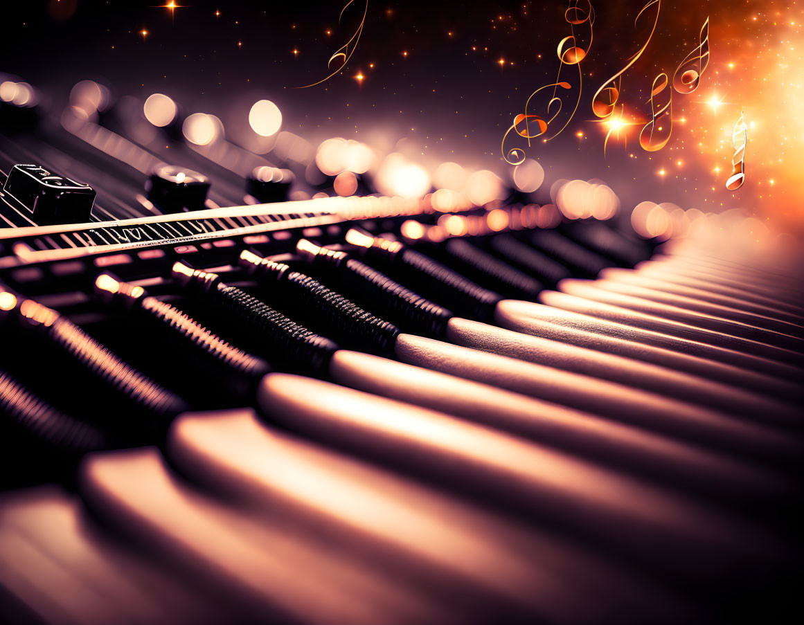 Detailed Piano Keyboard with Ambient Lighting and Floating Musical Notes