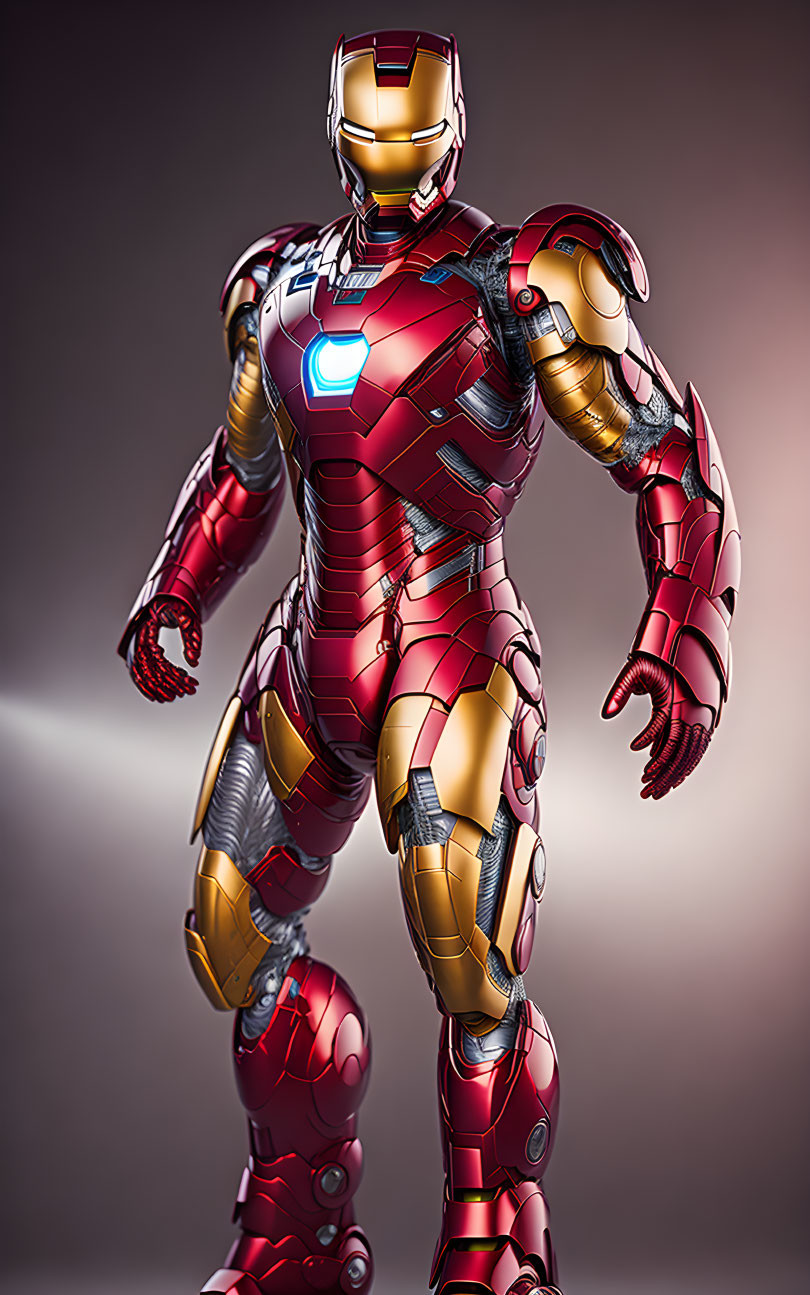 Detailed Iron Man in red and gold armor with blue arc reactor.