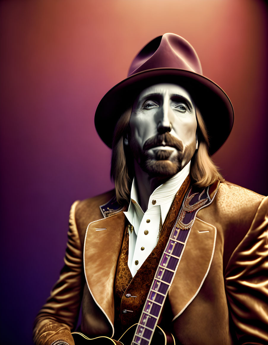 Stylized man in brown suit with guitar on purple background