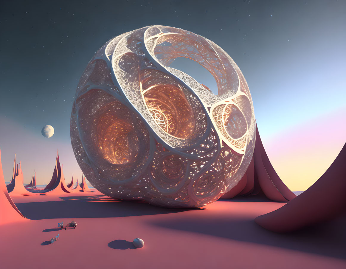 Surreal landscape with large spherical sculpture, small figure, and dusky sky