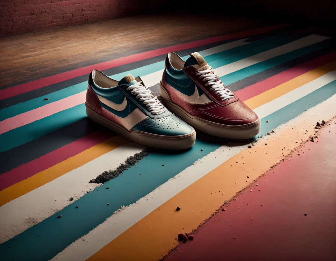 Blue and burgundy sneakers on vibrant striped floor against brick wall with dark powder.