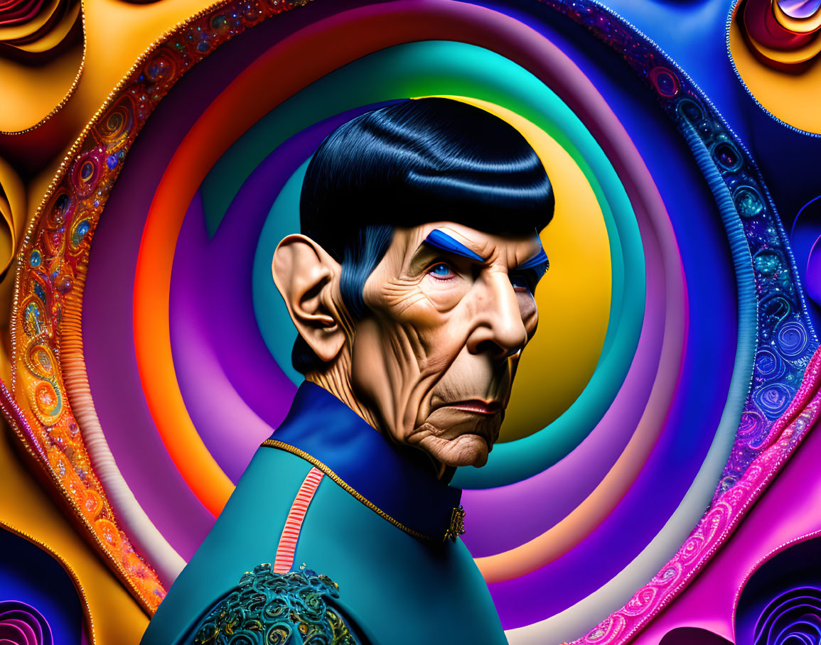 Male figure with pointed ears in hyper-realistic style against vibrant psychedelic background.