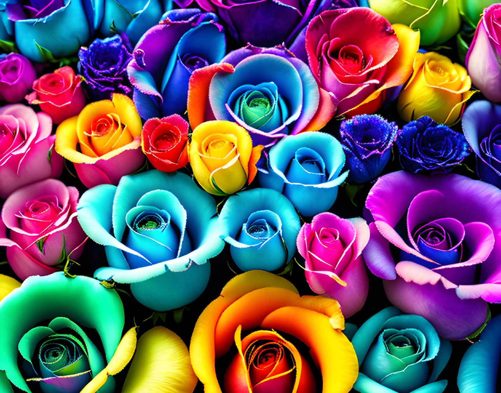 Multicolored roses in blues, pinks, yellows, and purples