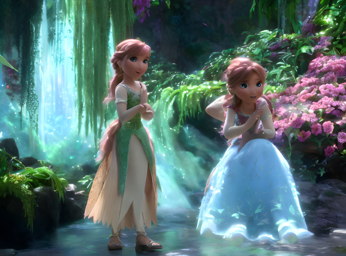 Animated female characters in elegant dresses in magical forest setting