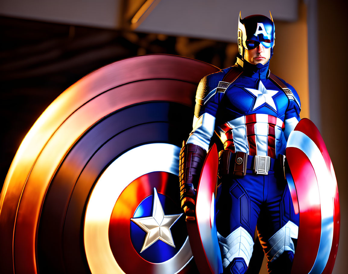 Person in Captain America costume with shield in dramatic pose under detailed lighting