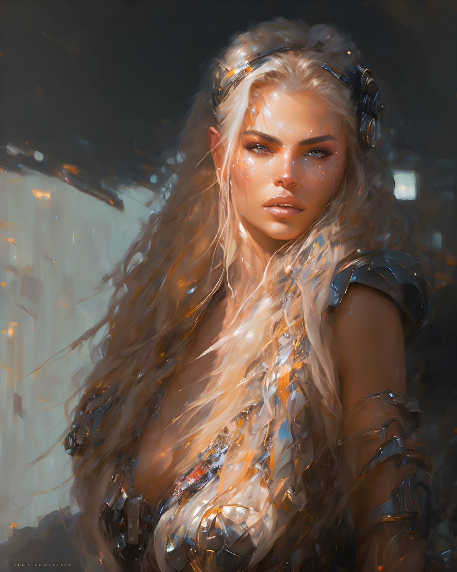 Fantasy warrior woman digital artwork with flowing blonde hair and glowing strands.