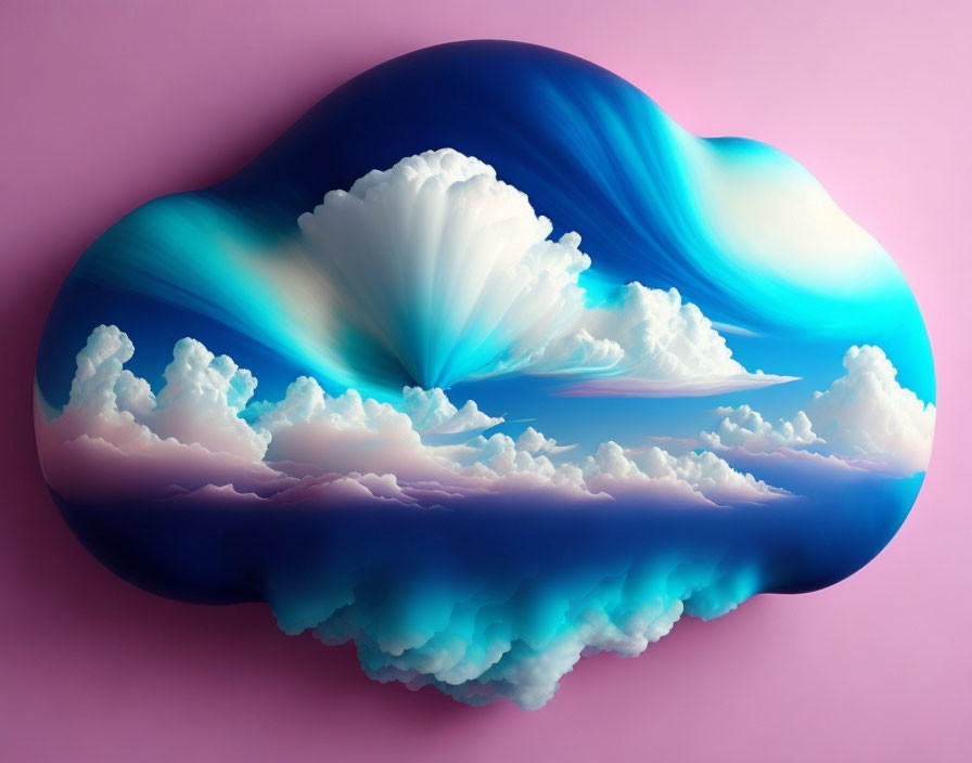 Surreal shell-shaped cloud against pink gradient with seascape illusion