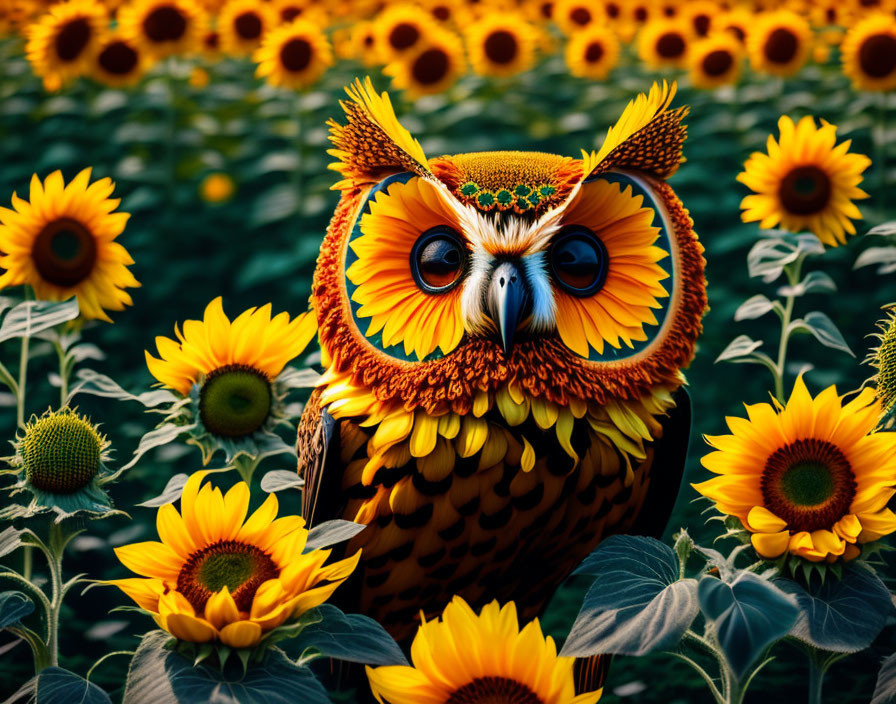 Intricately crafted owl sculpture with sunflower motifs in vibrant field