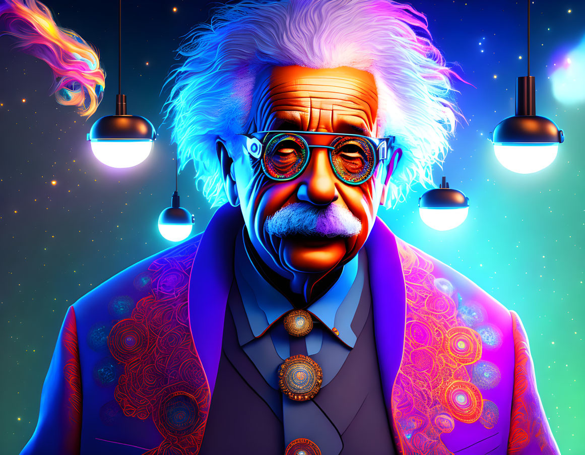 Colorful digital art: Elderly man with white hair, vibrant glasses, patterned suit, cosmic