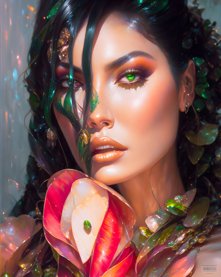 Digital artwork: Woman with green eyes, crystals, glossy leaves, flowers, radiant lighting