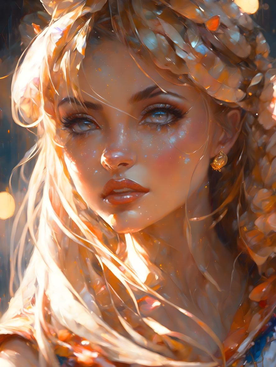 Digital portrait of young woman with golden hair and leaves in warm light