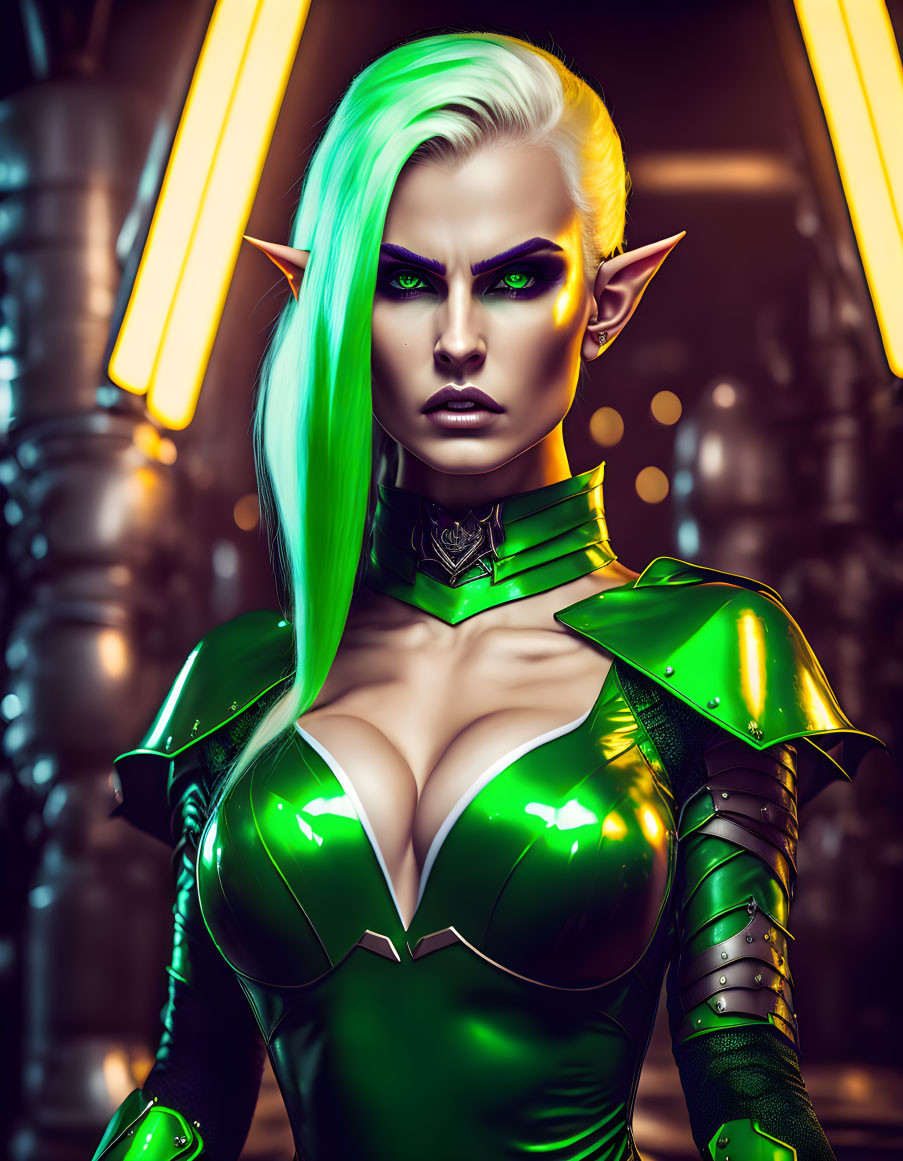 Fantasy female character with sharp ears in green armor and neon green hair against futuristic backdrop.