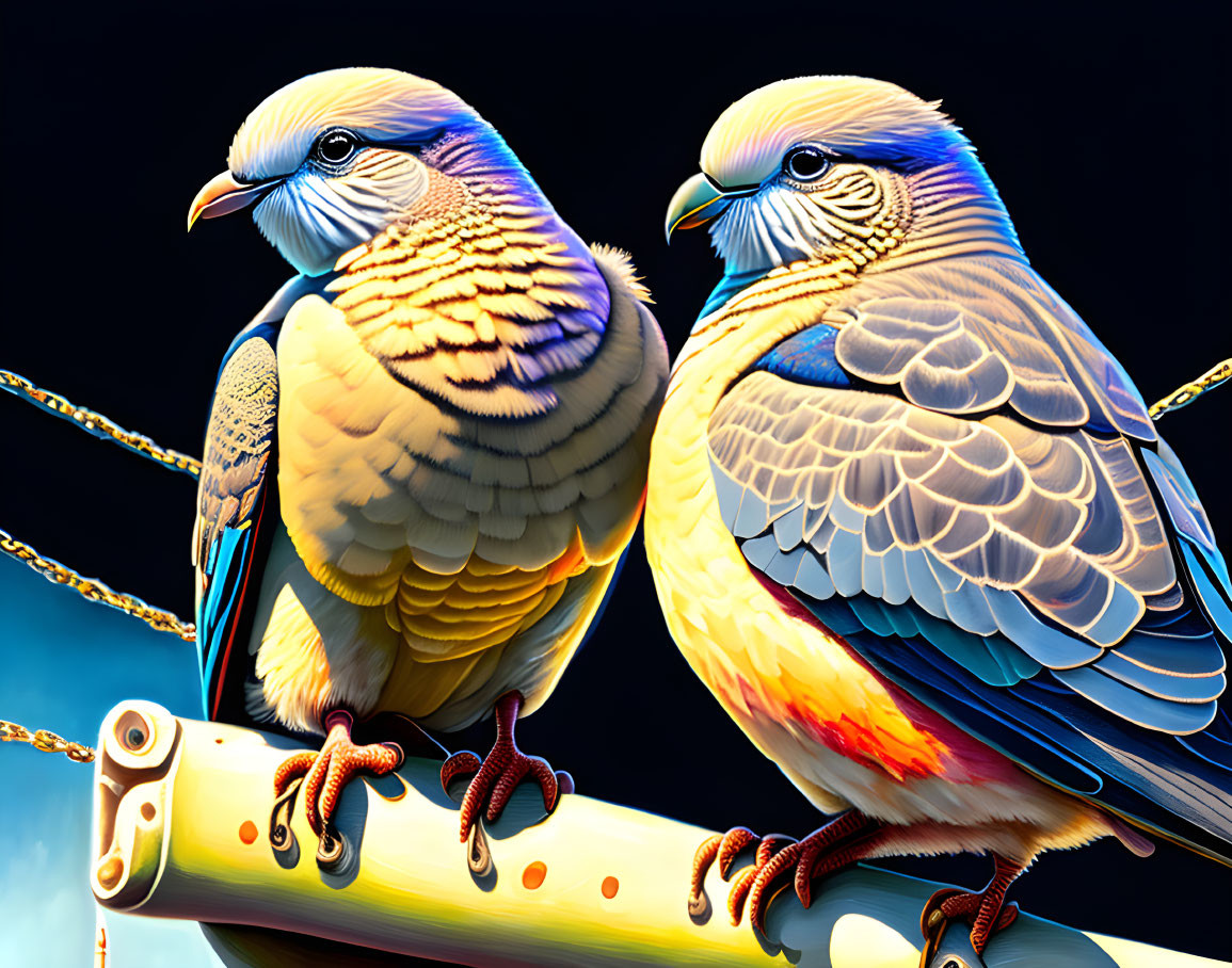 Colorful Parakeets Perched on Swing Against Dark Background