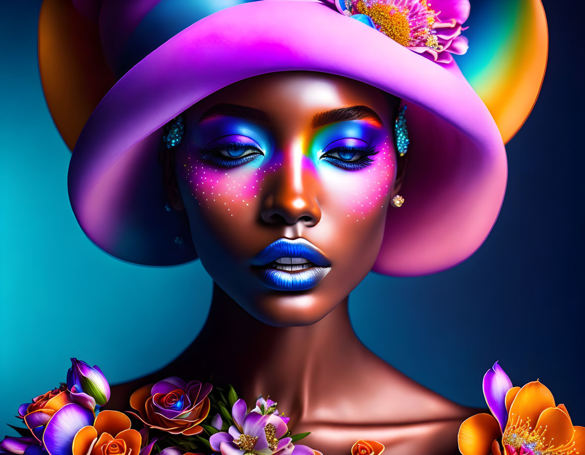 Colorful digital portrait of a woman with bold makeup, wide-brimmed hat, and vibrant flowers