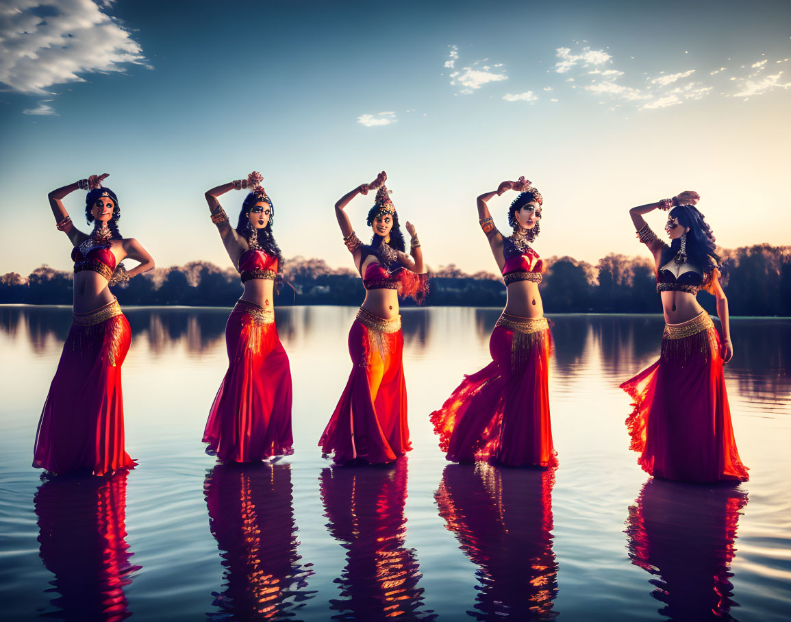 Five women in traditional Indian dance attire posing by a tranquil lake at sunset