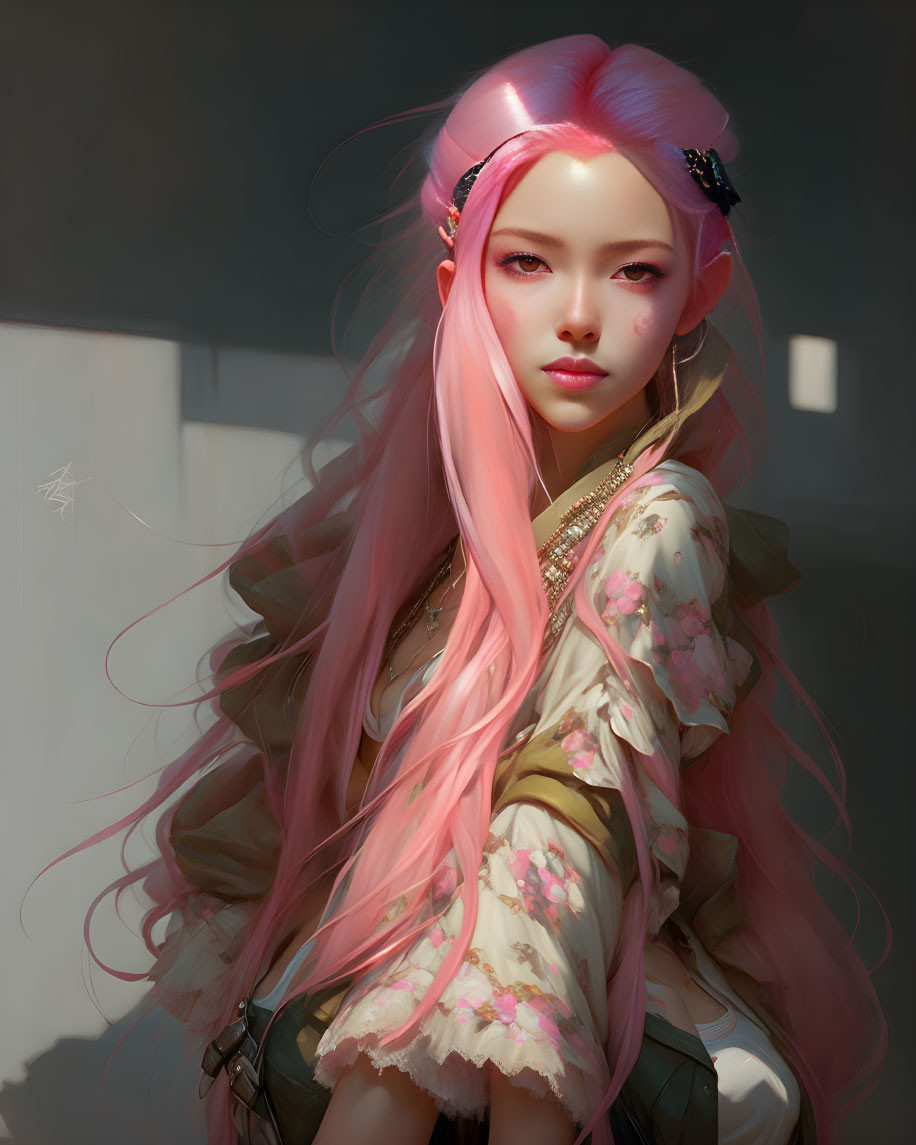 Digital artwork: Woman with pink hair in floral kimono, serene expression.