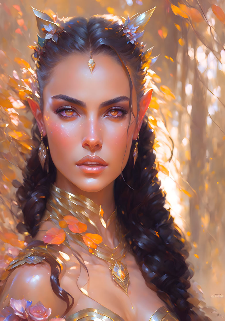 Fantasy portrait of woman with pointed ears and autumn leaves