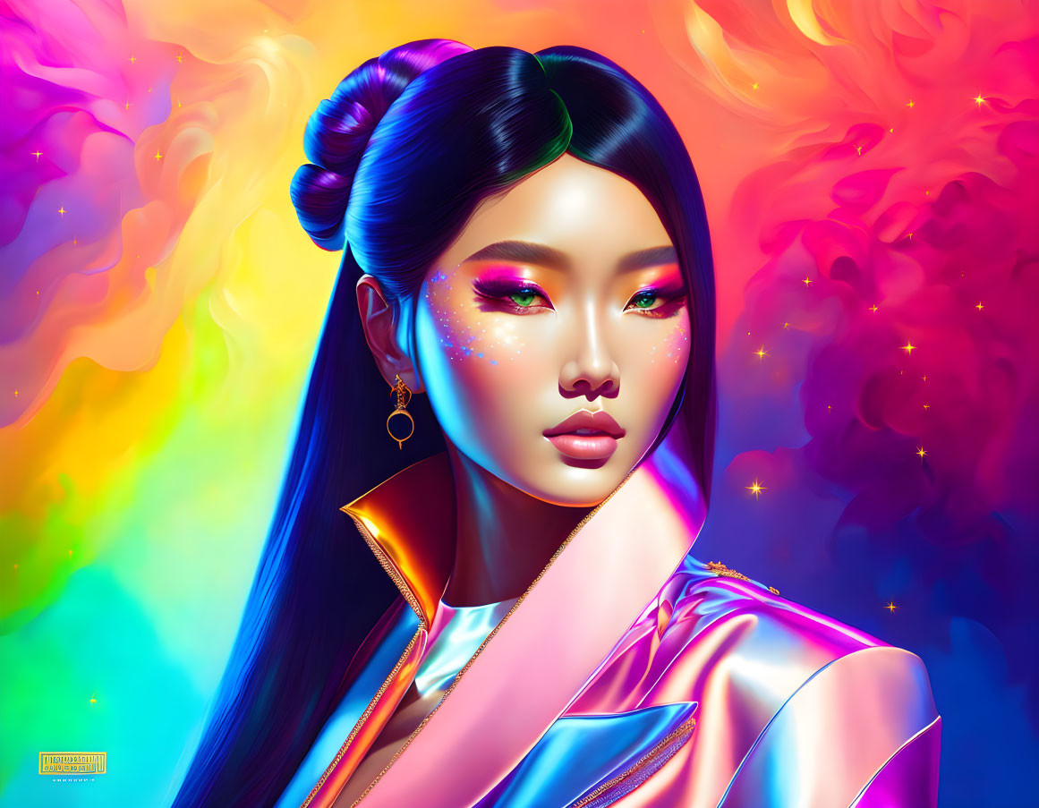 Woman with vibrant makeup and futuristic style against colorful clouds